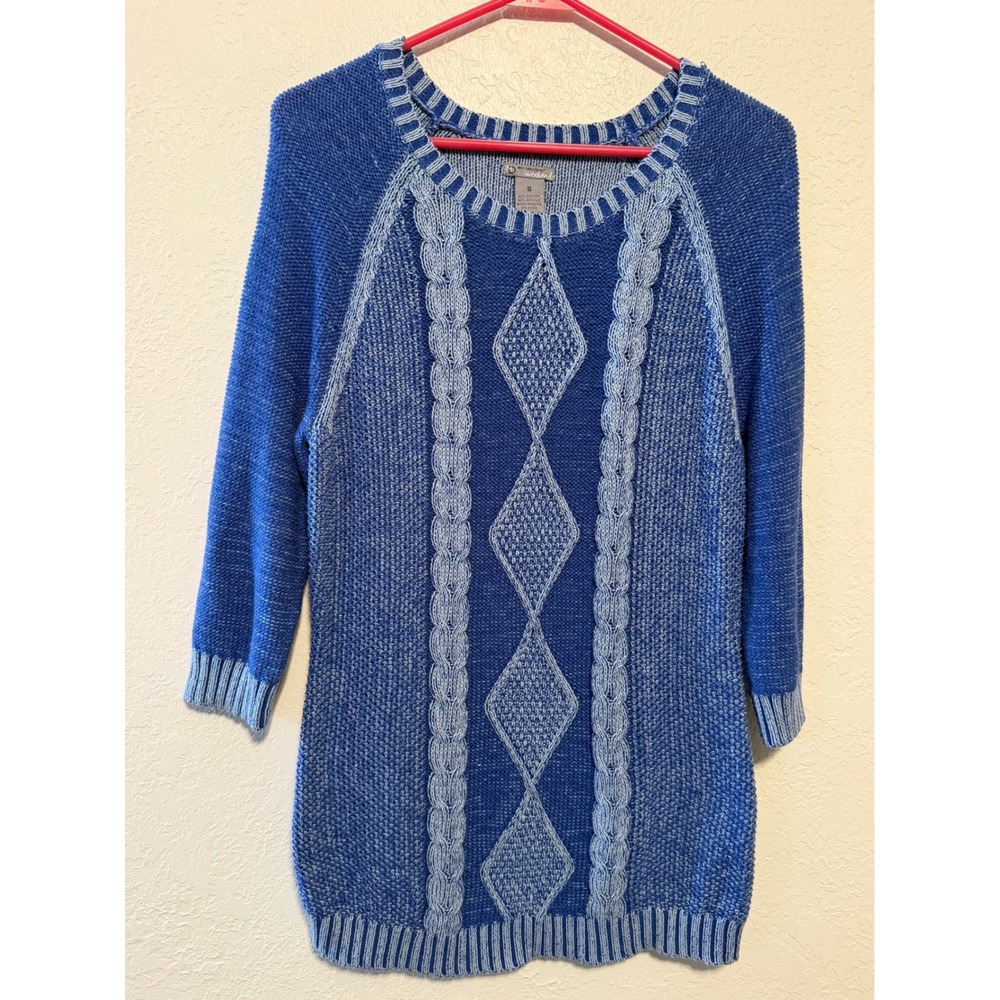 New Directions Weekend Blue Cable Knit Diamond Sweater 3/4 Sleeve Small
